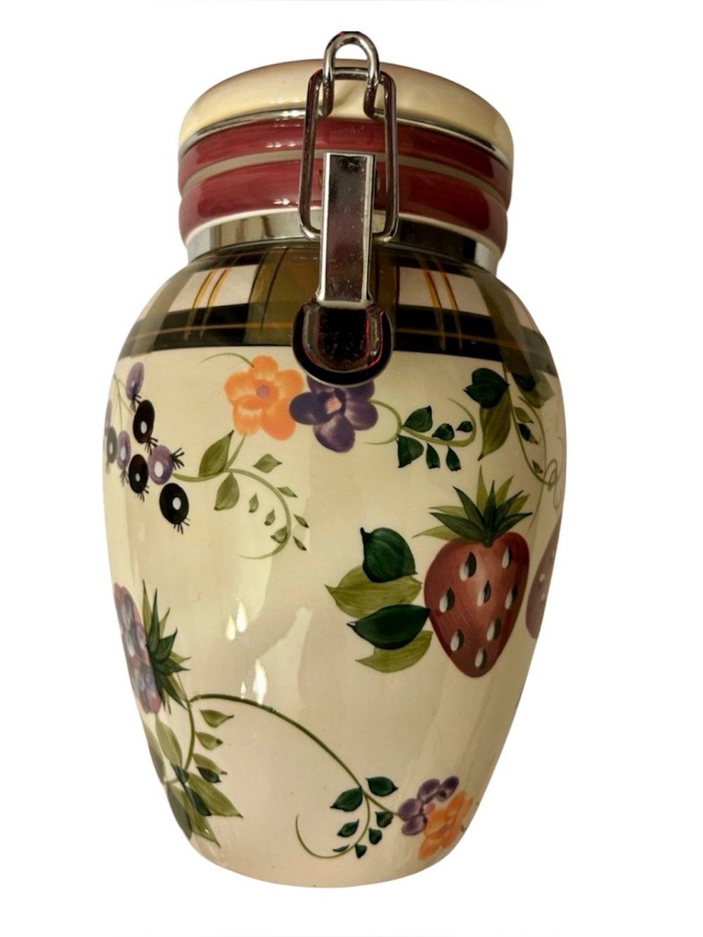 Oneida Strawberry Plaid Large Kitchen Canister VTG Discontinued Tuscan Farmhouse